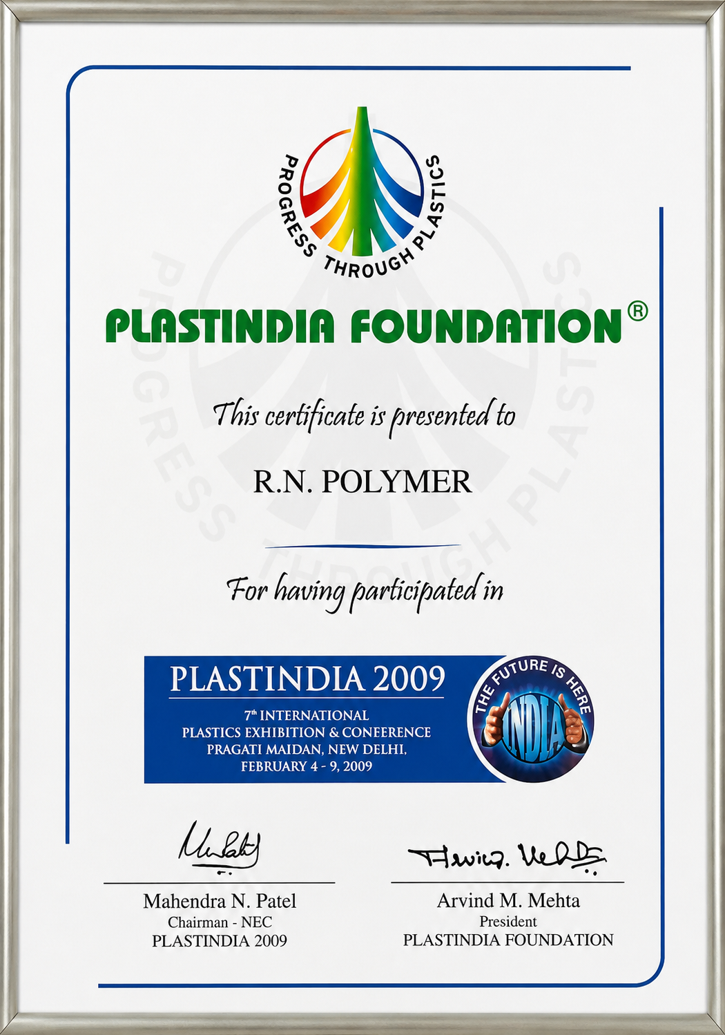 PlastIndia Participation Certificate