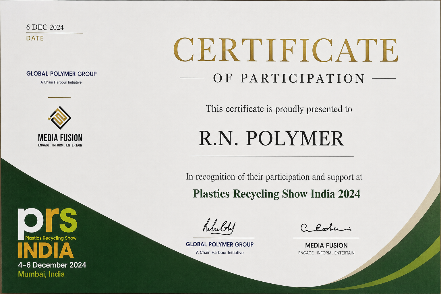 Plastics Recycling Show India Certificate